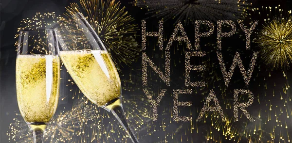 Champagne Glasses Clinking Glittering Happy New Year — Stock Photo, Image