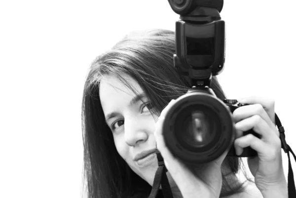 Young Girl Camera Black White — Stock Photo, Image