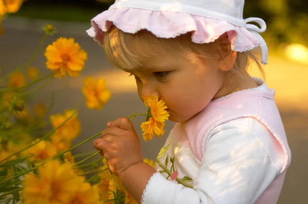 Petite Fille Parmi Les Fleurs Jaunes — Photo