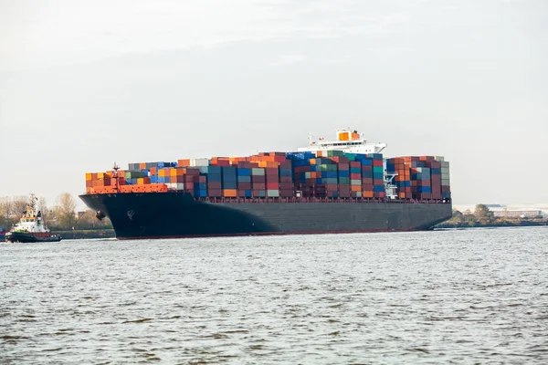 Fullt Lastad Container Fartyg Hamn Med Dess Däck Staplade Med — Stockfoto