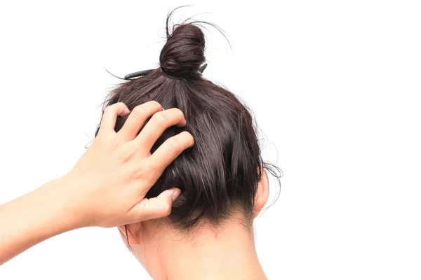 Closeup Woman Hand Itchy Scalp Hair Care Concept — Stock Photo, Image