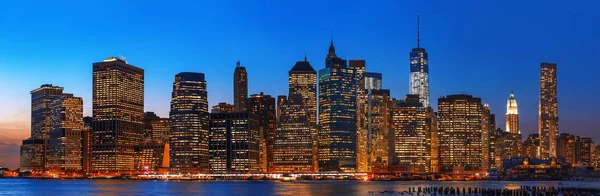 Manhattan Noc Panorama Panoramę Nowego Jorku Światła Refleksje — Zdjęcie stockowe