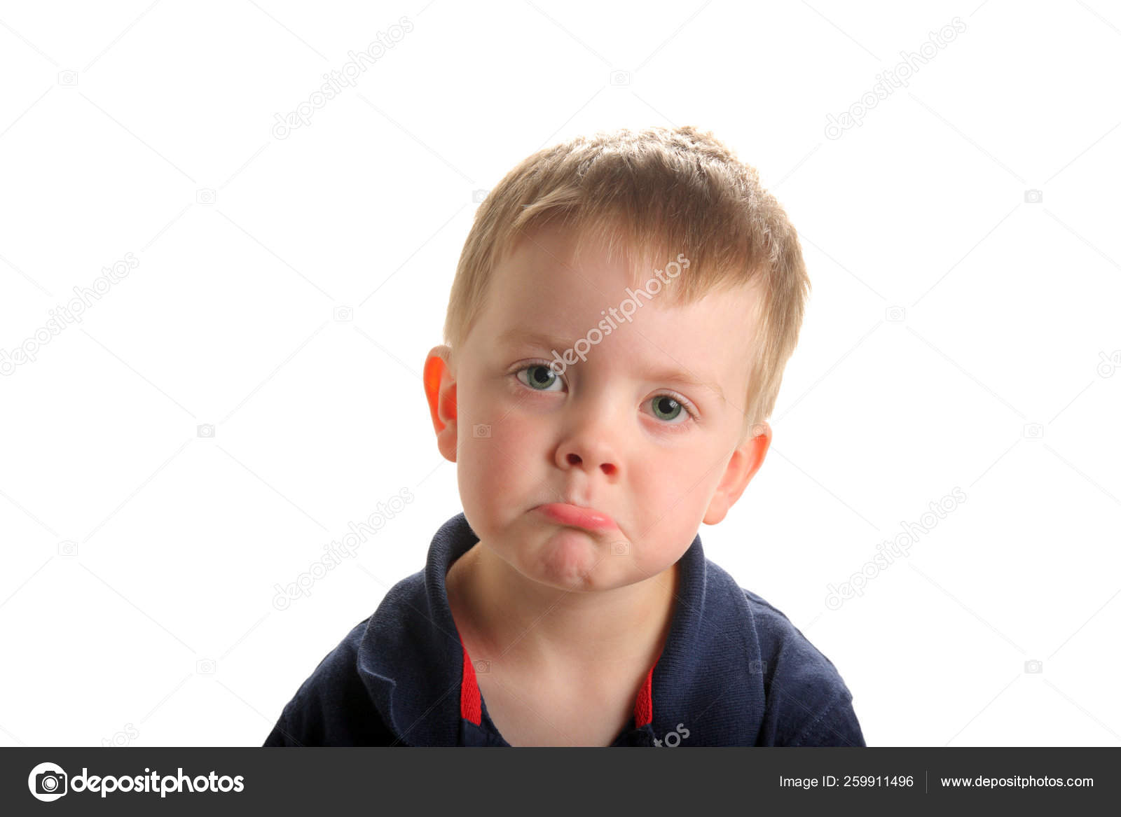 Cute Young Boy Blond Hair Green Eyes Sad Pouting Face Stock