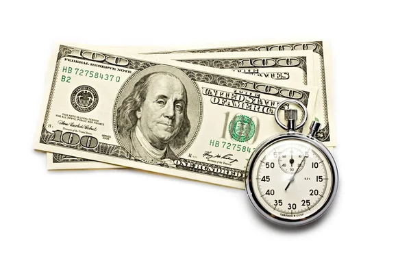 Δολάριο Και Ρολόι Απομονώνονται Λευκό — Φωτογραφία Αρχείου