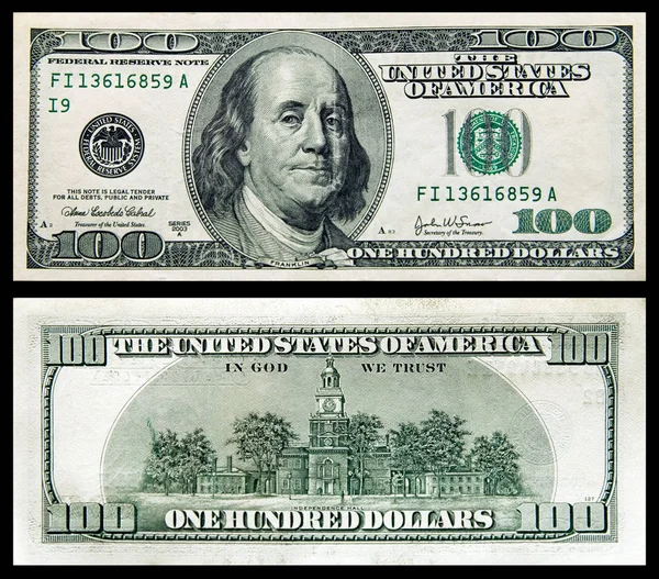 黑色背景上100美元的钞票的两面 — 图库照片