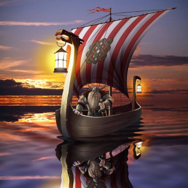 Viking boat in the sea, mix of illustration and photo clipart