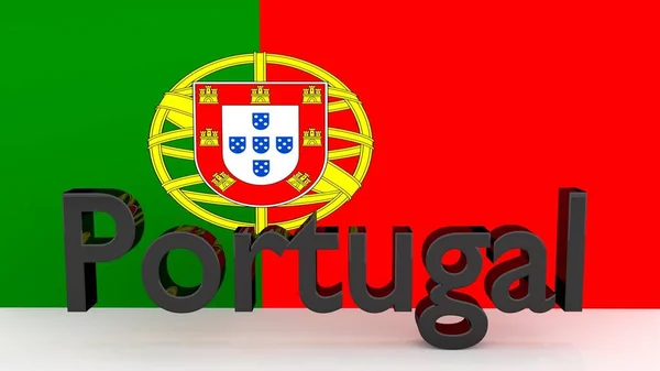 Γράφοντας Πορτογαλία Από Σκούρο Μέταλλο Μπροστά Από Μια Πορτογαλική Σημαία — Φωτογραφία Αρχείου
