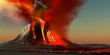 The Kilauea volcano erupts on the island of Hawaii with plumes of fire and smoke. Rivers of lava head to the ocean making new land. clipart