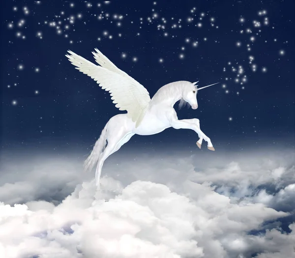 Weißes Einhorn Fliegt Über Die Wolken Einem Fantastischen Himmel — Stockfoto