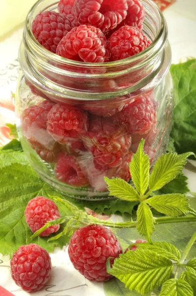 Raspeberries Glass Ingredients Jam — Stock Photo, Image