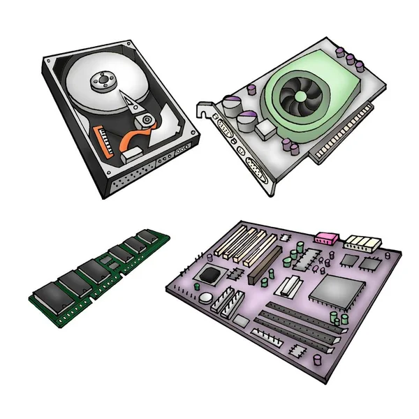 コンピュータ部品のカラーイラスト ハードドライブ グラフィックスカード メモリモジュール マザーボード — ストック写真