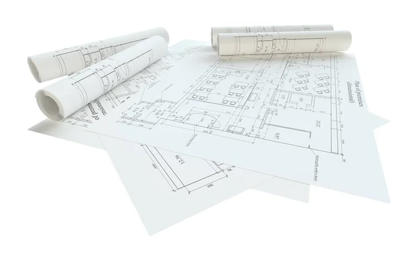 Rolled House Blueprints Aislado Sobre Fondo Blanco Ilustración — Foto de Stock