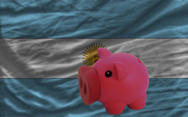 Piggy rich bank in front of national flag of argentina symbolizing saving and accumulating funds as good financial habit