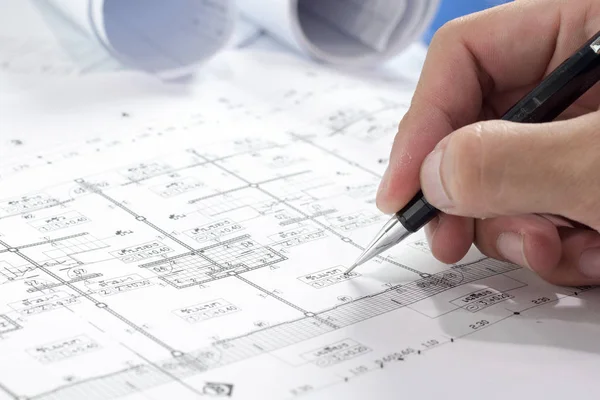 Esquema Diagrama Ingeniería Boceto Del Proyecto Redacción Papel Arquitectónico Enfoque —  Fotos de Stock