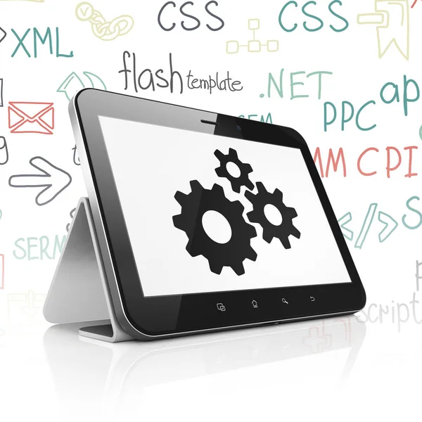 Web Development Concept Tablet Computer Black Gears Icon Display Hand — Stock Photo, Image