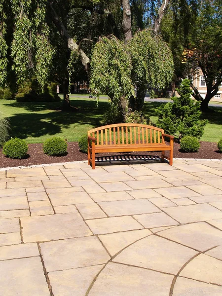 One Empty Wood Bench Stone Patio — Stock Photo, Image