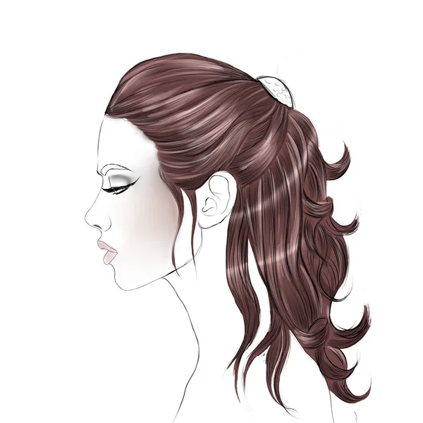 Illustration Raster Dessinée Main Fille Profil Avec Longs Cheveux Bruns — Photo