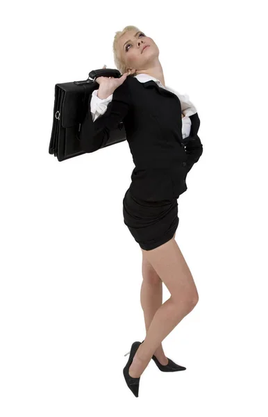 Pengusaha Wanita Memegang Tas Kantor Latar Belakang Putih — Stok Foto