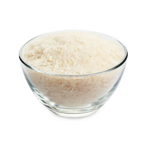 Arroz Branco Tigela Vidro Isolado Fundo Branco — Fotografia de Stock