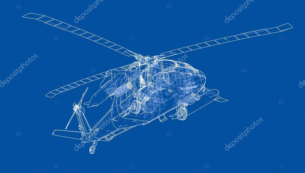 Helicopter sketch or blueprint. Military equipment. 3d illustration