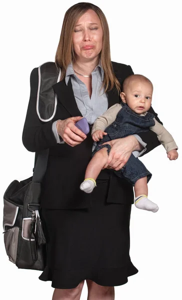 Crying Professional Lady Phone Baby Arms — Stock Photo, Image