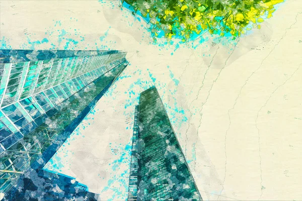 Concept Schets Blauwe Wolkenkrabber Gevel Kantoorgebouwen Moderne Glazen Silhouetten Van — Stockfoto