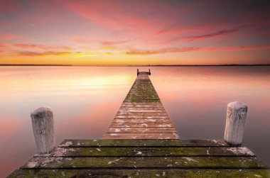 Sunrise colours featuring this old jetty with rustic old timber planks covered in green moss and new timbers stretches out over Tuggerah Lake in Central Coast of NSW clipart