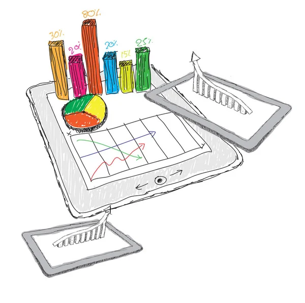 Szkic Tablet Komputerowy Przedstawiający Arkusz Kalkulacyjny Wykresami — Zdjęcie stockowe