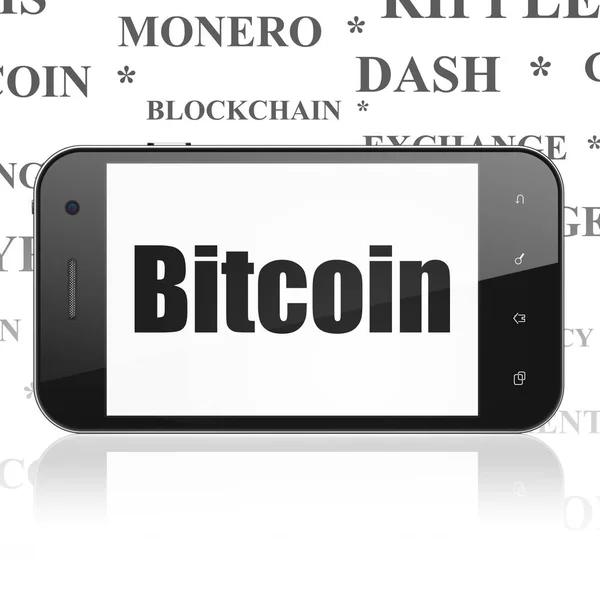 Blockchain Koncept Smartphone Černým Textem Bitcoin Displeji Tag Cloud Pozadí — Stock fotografie