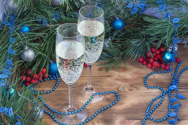 Christmas New Year Still Life Composition Two Champaign Glasses Pine — Stock Photo, Image