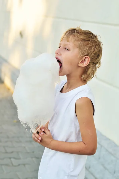滑稽的男孩吃 享受户外的棉花糖 — 图库照片