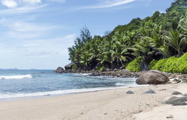 Mooi Verlaten Strand Silhouet Eiland Seychellen — Stockfoto