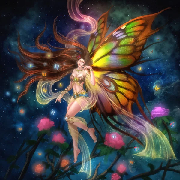 Ilustrasi Butterfly Fairy Realistik Gaya Fantastik Scene Wallpaper Desain Latar — Stok Foto