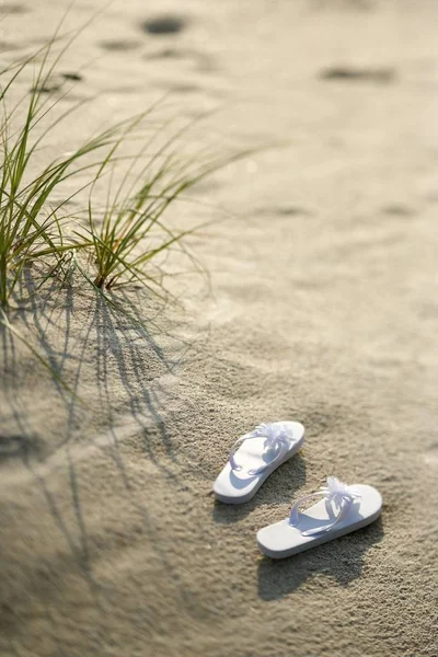 Δύο Λευκό Σανδάλια Αμμώδη Παραλία — Φωτογραφία Αρχείου
