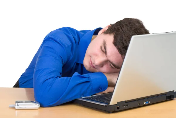 Hombre Joven Que Duerme Del Portátil Blanco — Foto de Stock