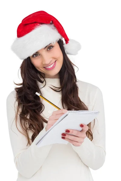 Sonriente Morena Escribiendo Lista Navidad Sobre Fondo Blanco — Foto de Stock