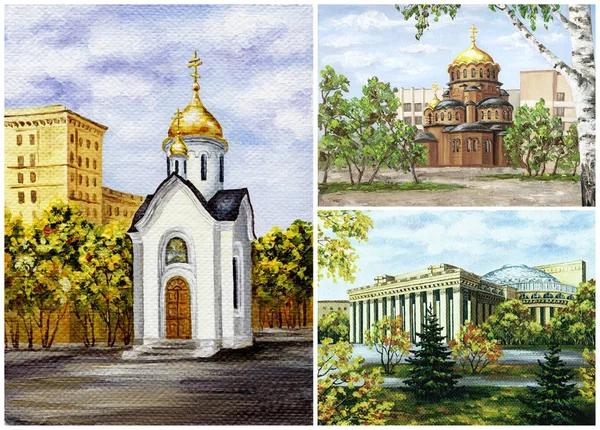 Rusia Novosibirsk Los Edificios Famosos Capilla Catedral Teatro Cuadro Pinturas —  Fotos de Stock