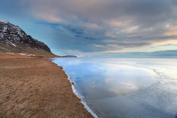 Lód Kształtów Wschodniej Islandii Fiordy Zachód Słońca Zimie — Zdjęcie stockowe