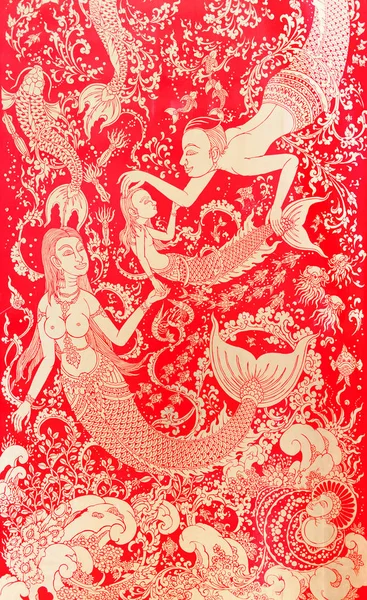 Bellissimo Motivo Tailandese Muro Tempio Nel Modello Sirena — Foto Stock