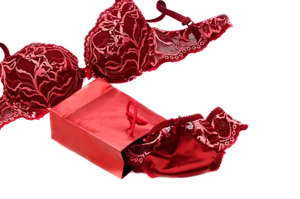 Red Lace Silky Lingerie Red Present Box White — Stock Photo, Image