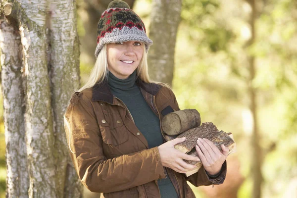 Woman Outdoors Autumn Woodland Gathering Logs — Stock Photo, Image