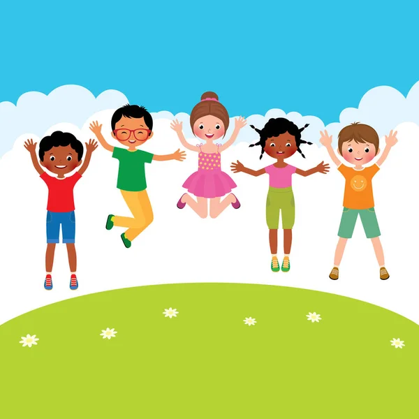 Stock Vector cartoon illustration of a group of happy jumping children of different nationalities