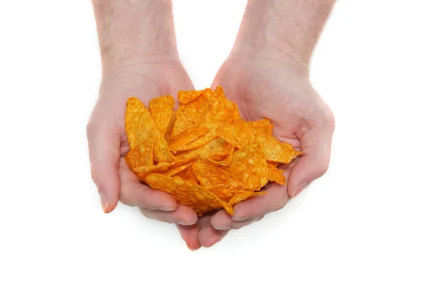 Imagem Duas Mãos Masculinas Segurando Frito Lay Dorito Tortilla Chips — Fotografia de Stock