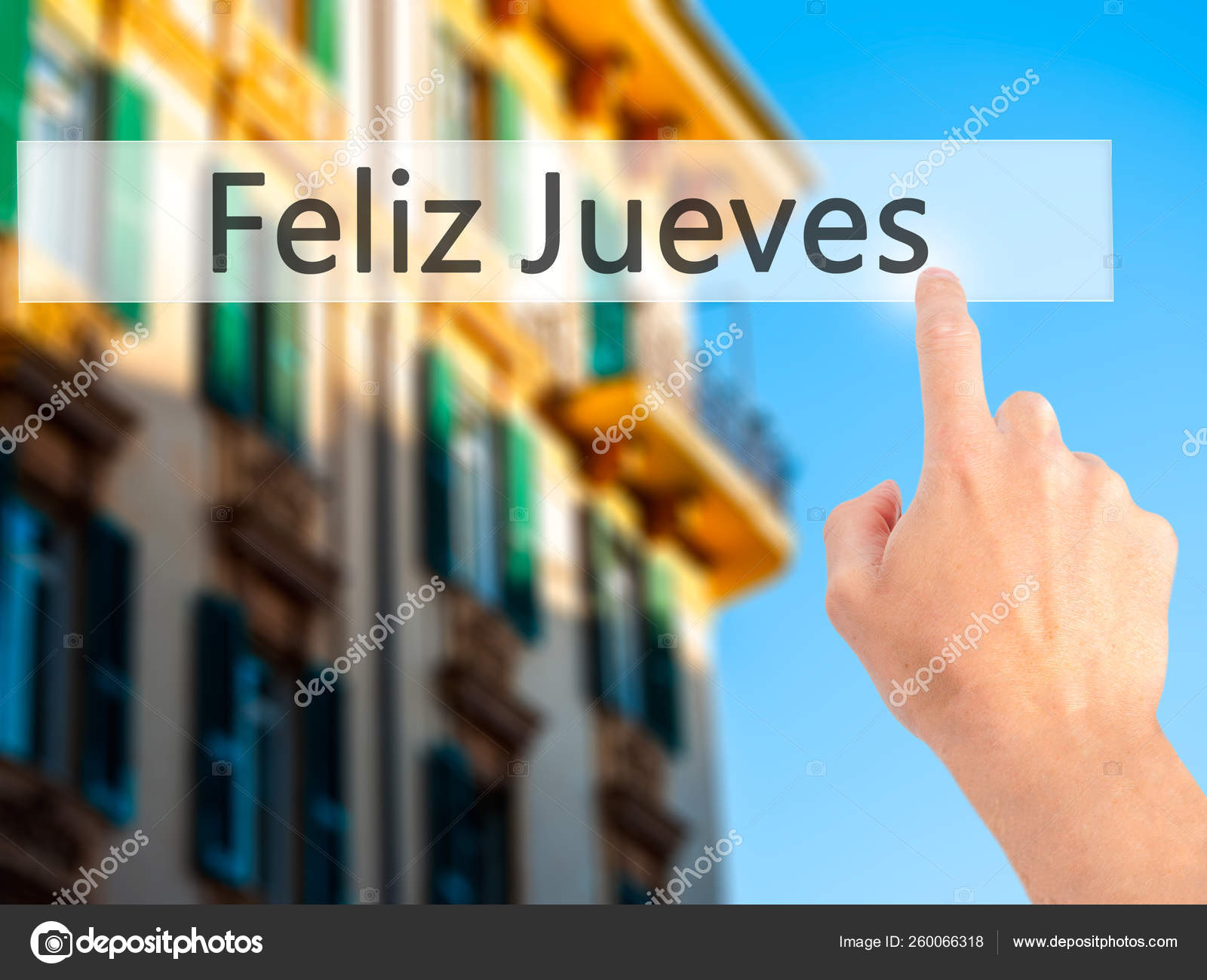 Feliz Jueves Happy Thursday Spanish Ручное Нажатие Кнопки Размытом.