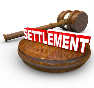 The word Settlement on a wood block beside a judge's gavel, indicating a legal lawsuit has been settled in a decision with an agreement between the plantiff and defendant clipart