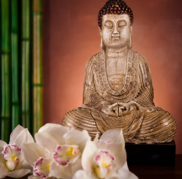 Estatua Buda Con Flor Orquídea —  Fotos de Stock
