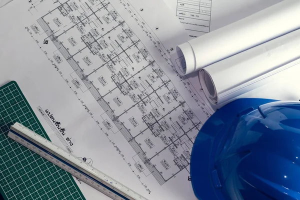 Mérnöki Ábra Blueprint Papír Projekt Vázlat Építészeti Szelektív Összpontosít Elkészítése — Stock Fotó