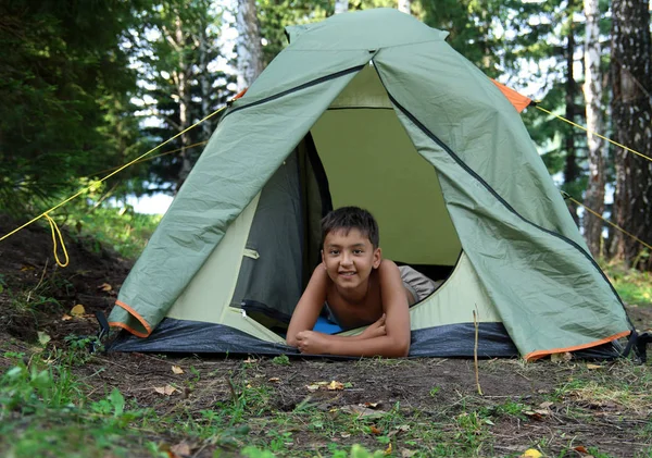 Sorridente Ragazzo Tenda Campeggio Nella Foresta — Foto Stock