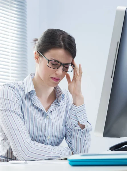 Tired Office Worker Headache Touching Her Temples — Stock Photo, Image