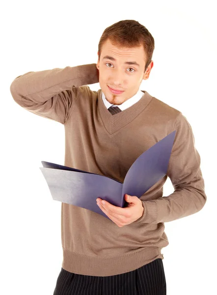 Joven Hombre Bien Vestido Perplejo Formalwear Está Sosteniendo Archivo Azul —  Fotos de Stock